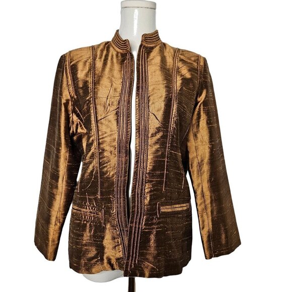 Jami's Contemporary Silk Jacket Medium Open Front Brown Designer Elegant Luxury - Picture 1 of 9